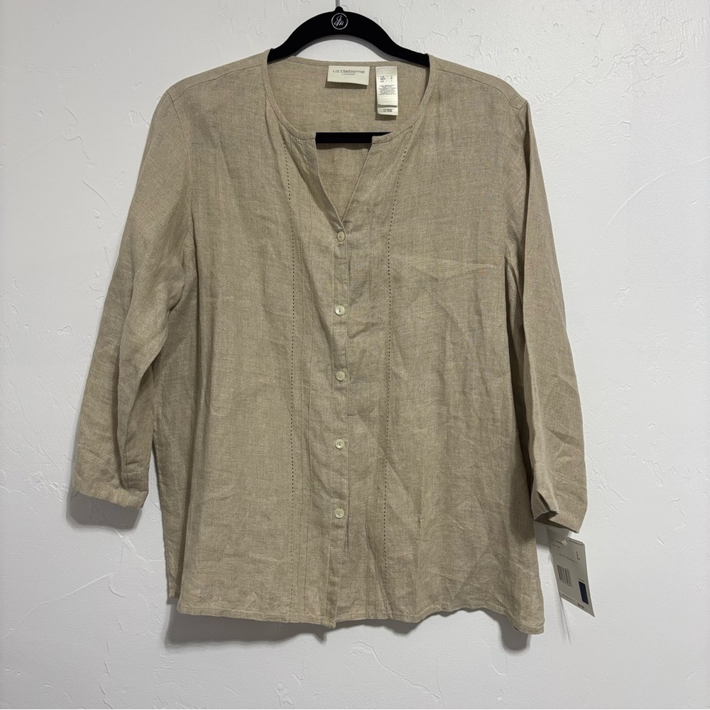 Liz Claiborne LizSport 100% Linen Neutral Women's Large NWT Cardigan Button